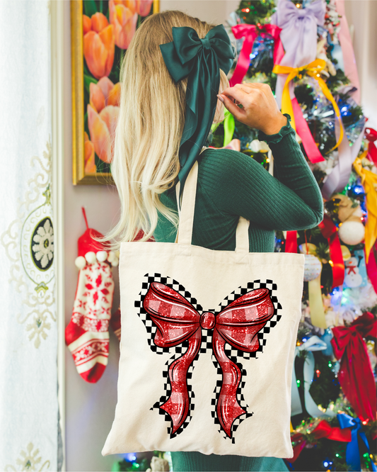 Red Plaid Bow Tote Bag