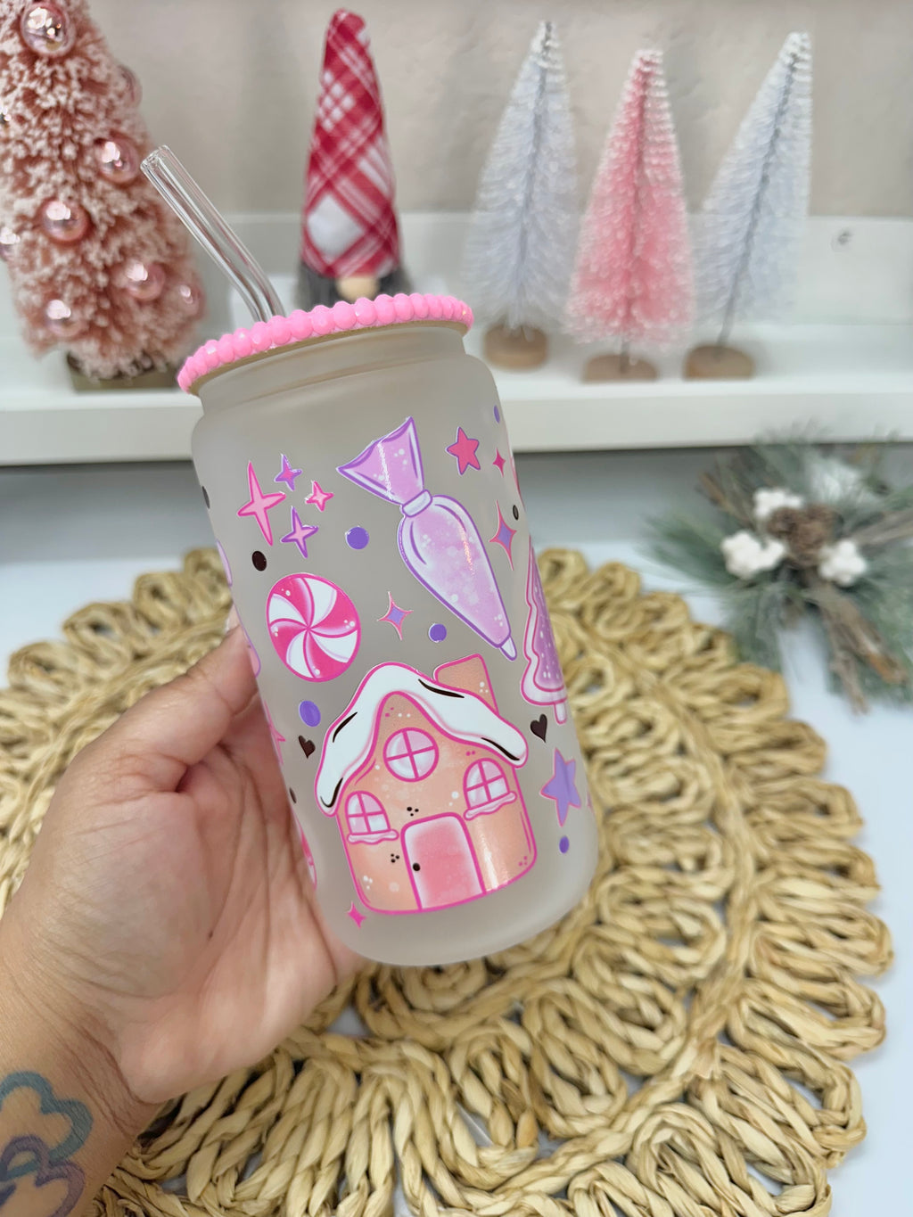 Pink Christmas Glass Can