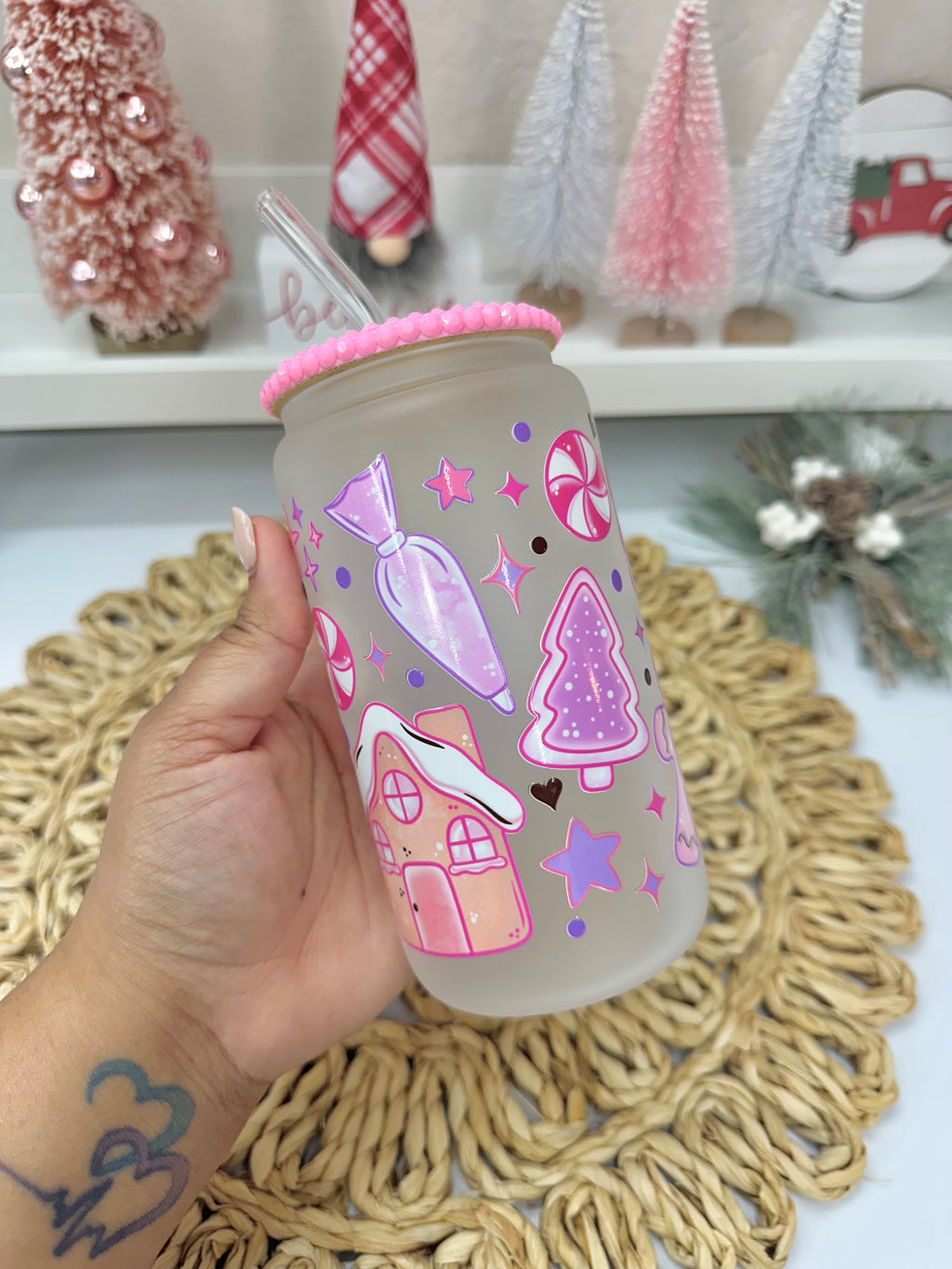 Pink Christmas Glass Can