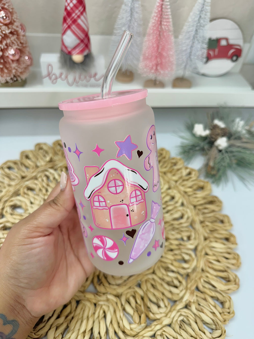 Pink Christmas Glass Can