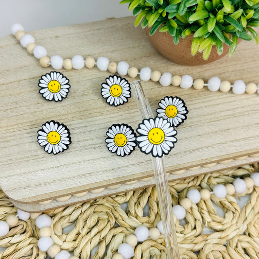 White Flower Happy Face | Straw Charms