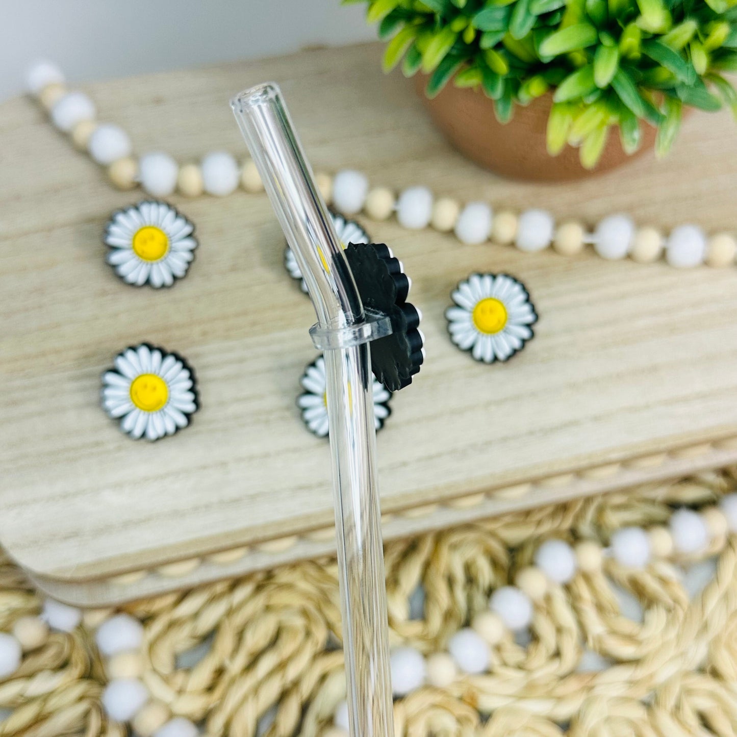 White Flower Happy Face | Straw Charms